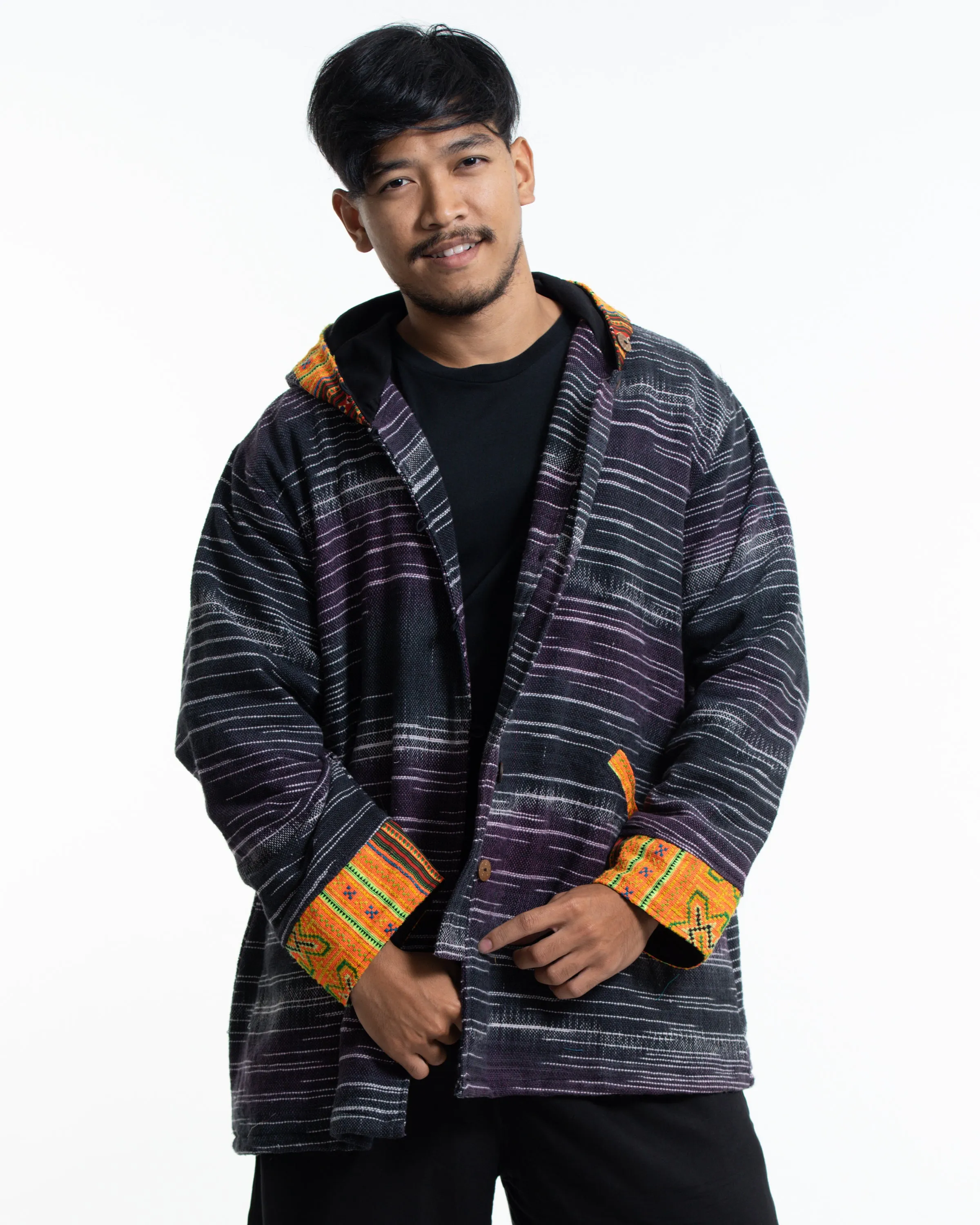 Unisex Oversized Light Hooded Button Hand-Woven Cotton Embroidered Jacket in Black