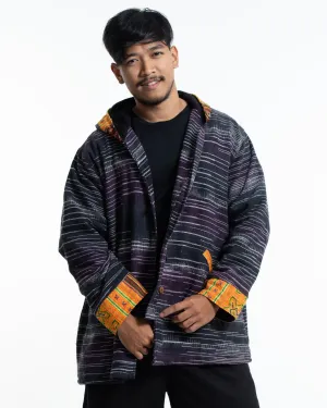 Unisex Oversized Light Hooded Button Hand-Woven Cotton Embroidered Jacket in Black