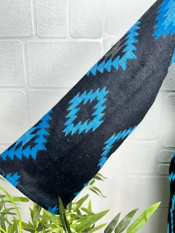 Unisex Yak Wool Blend Geometric Diamonds Kimono/Robe | Luxurious Black Blue Teal Urban Floral Print | Warm Hygge Christmas Gift for Her & Him