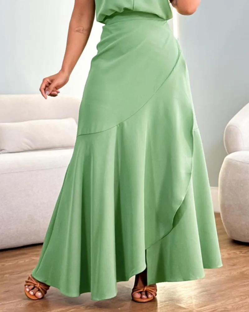 V Neck Sleeveless Top Ruffles Layered High Waist Skirt Elegant Skirt Set