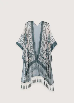 Veste kimono crème et bleu gris