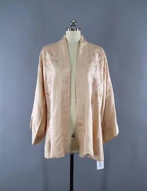 Vintage 1920s Embroidered Silk Kimono Jacket Cardigan / Blush Pink Floral Embroidery