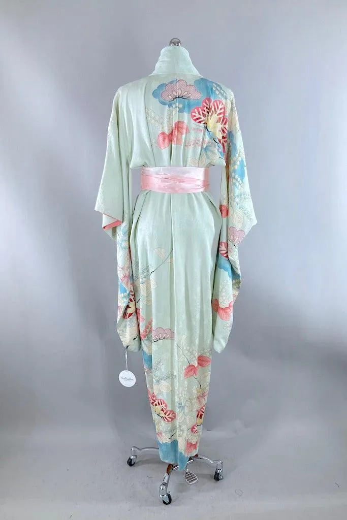 Vintage Blue & Pink Floral Silk Kimono