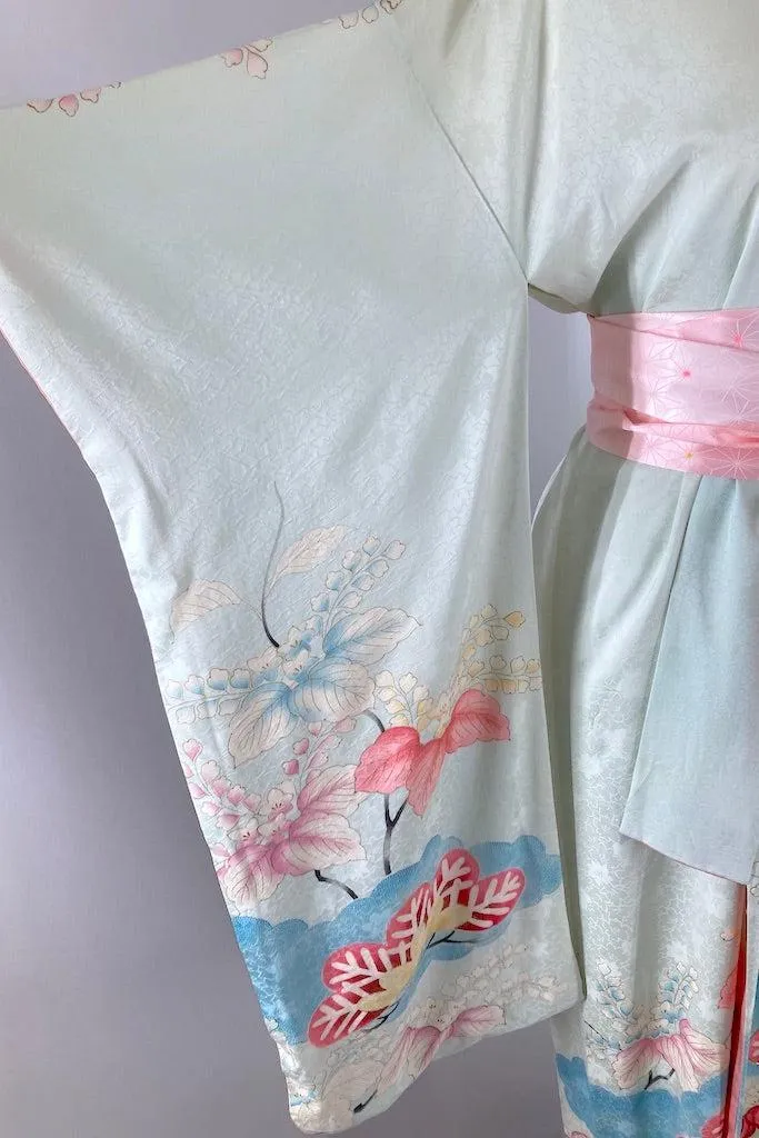 Vintage Blue & Pink Floral Silk Kimono