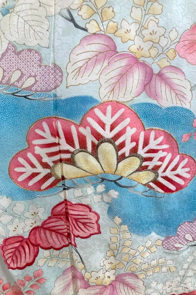 Vintage Blue & Pink Floral Silk Kimono