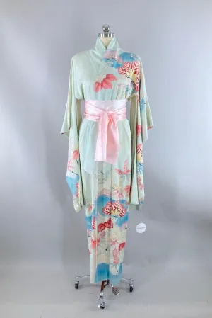 Vintage Blue & Pink Floral Silk Kimono
