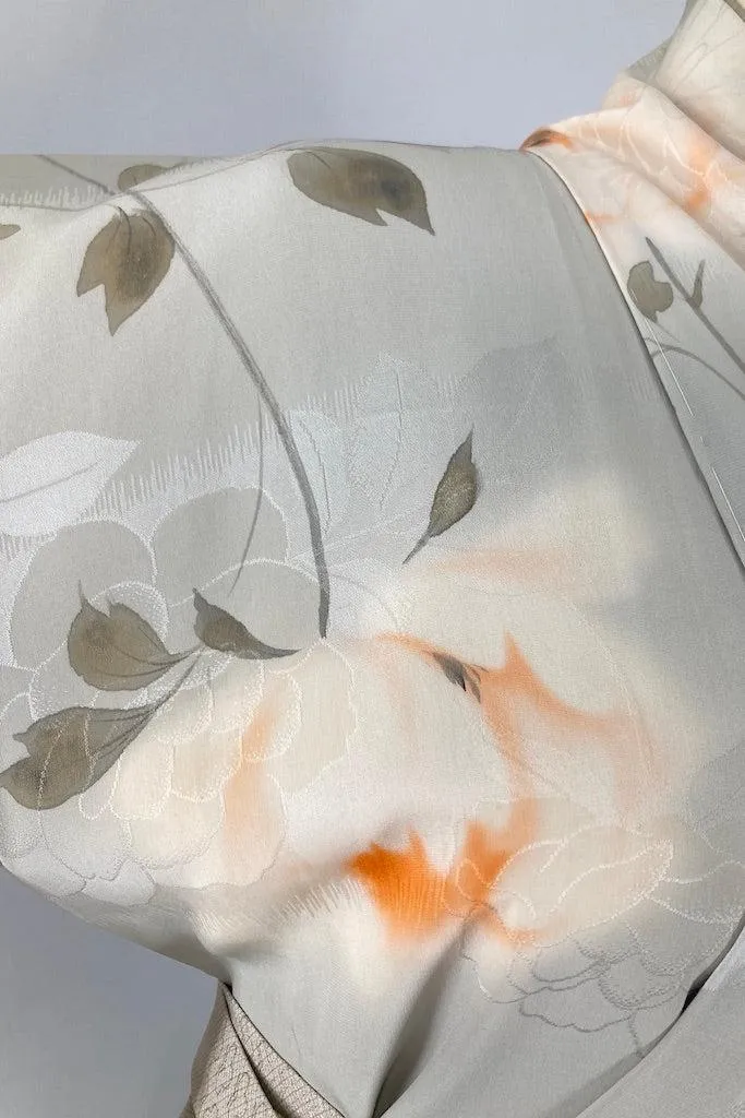 Vintage Dove Grey Floral Butterflies Silk Kimono
