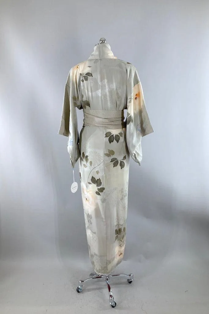 Vintage Dove Grey Floral Butterflies Silk Kimono