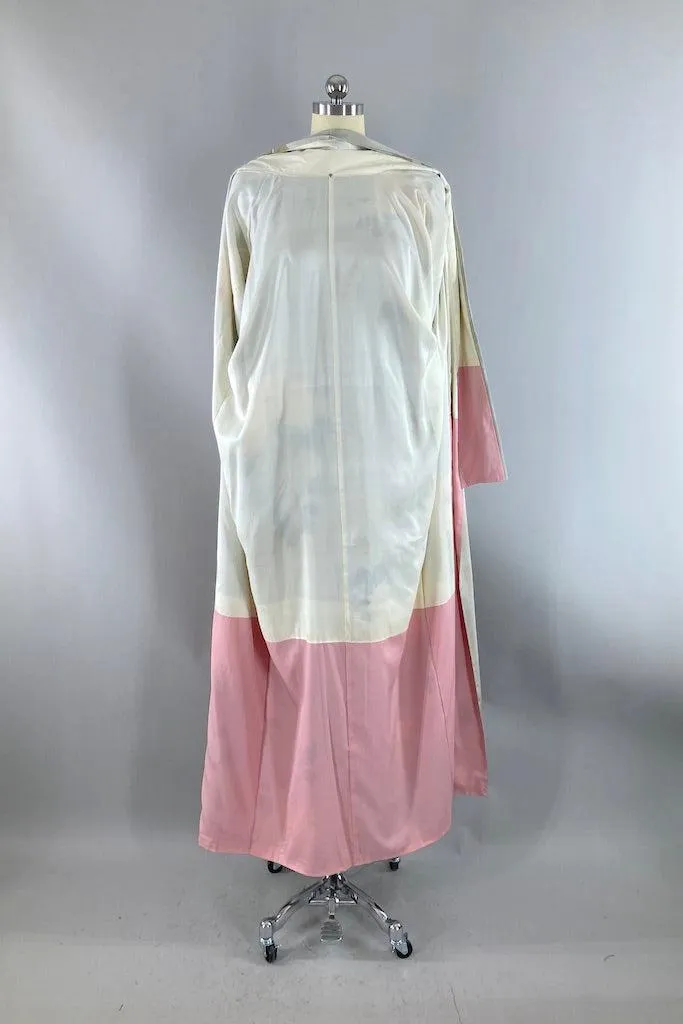 Vintage Dove Grey Floral Butterflies Silk Kimono