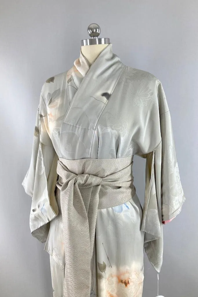 Vintage Dove Grey Floral Butterflies Silk Kimono