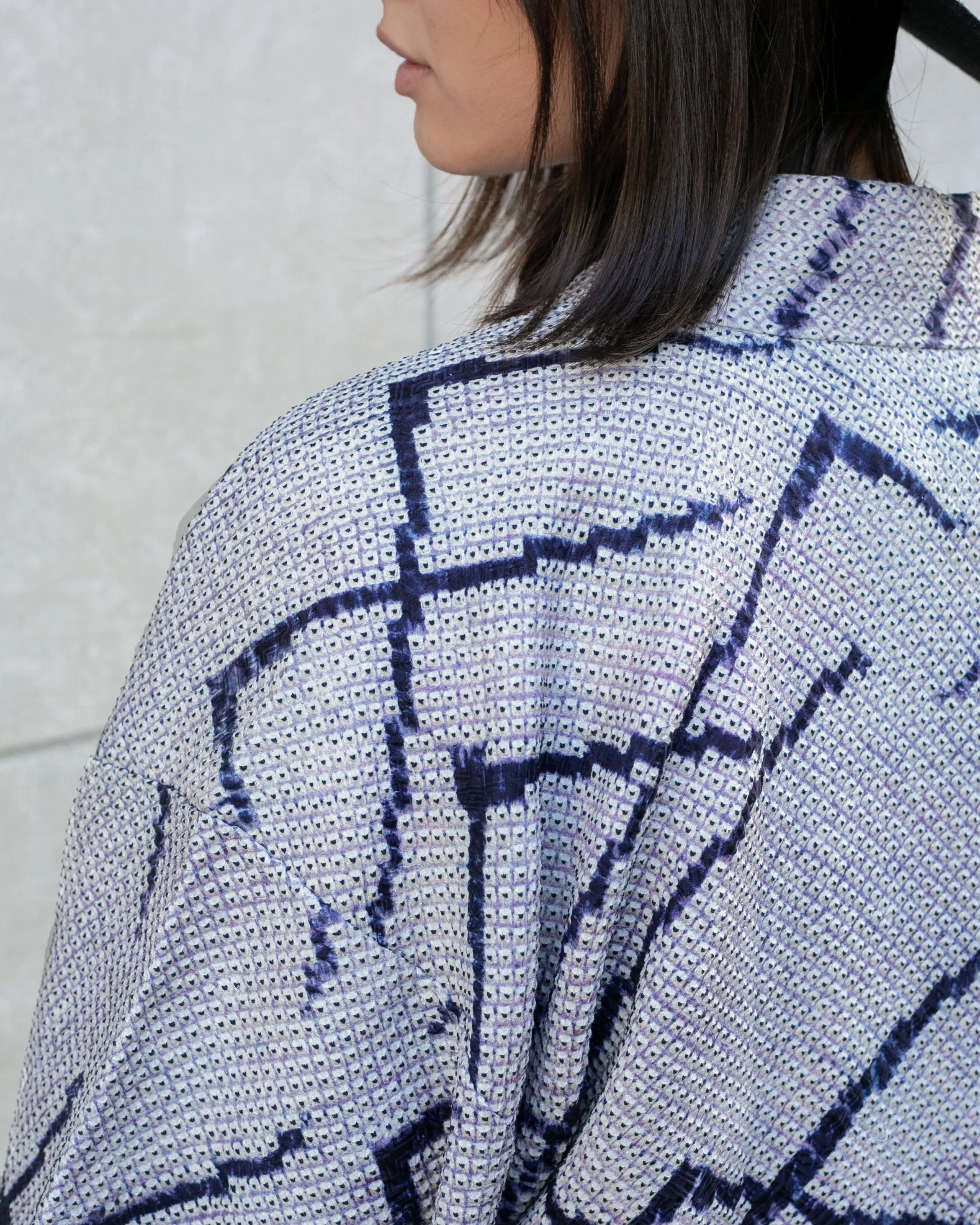 Vintage Haori Jacket, Full Shibori, White with Navy Blue Criss Cross Pattern and Light Purple