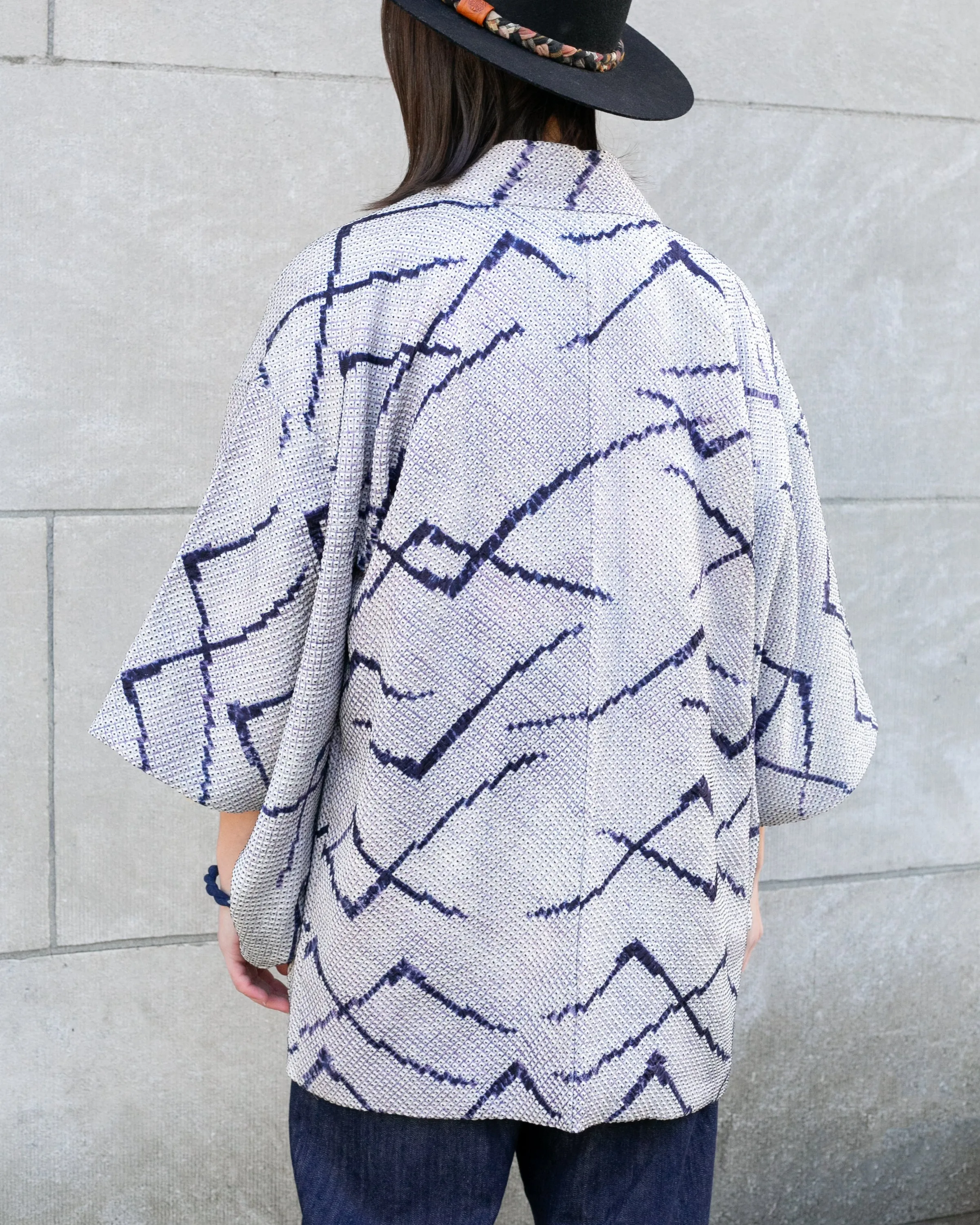 Vintage Haori Jacket, Full Shibori, White with Navy Blue Criss Cross Pattern and Light Purple