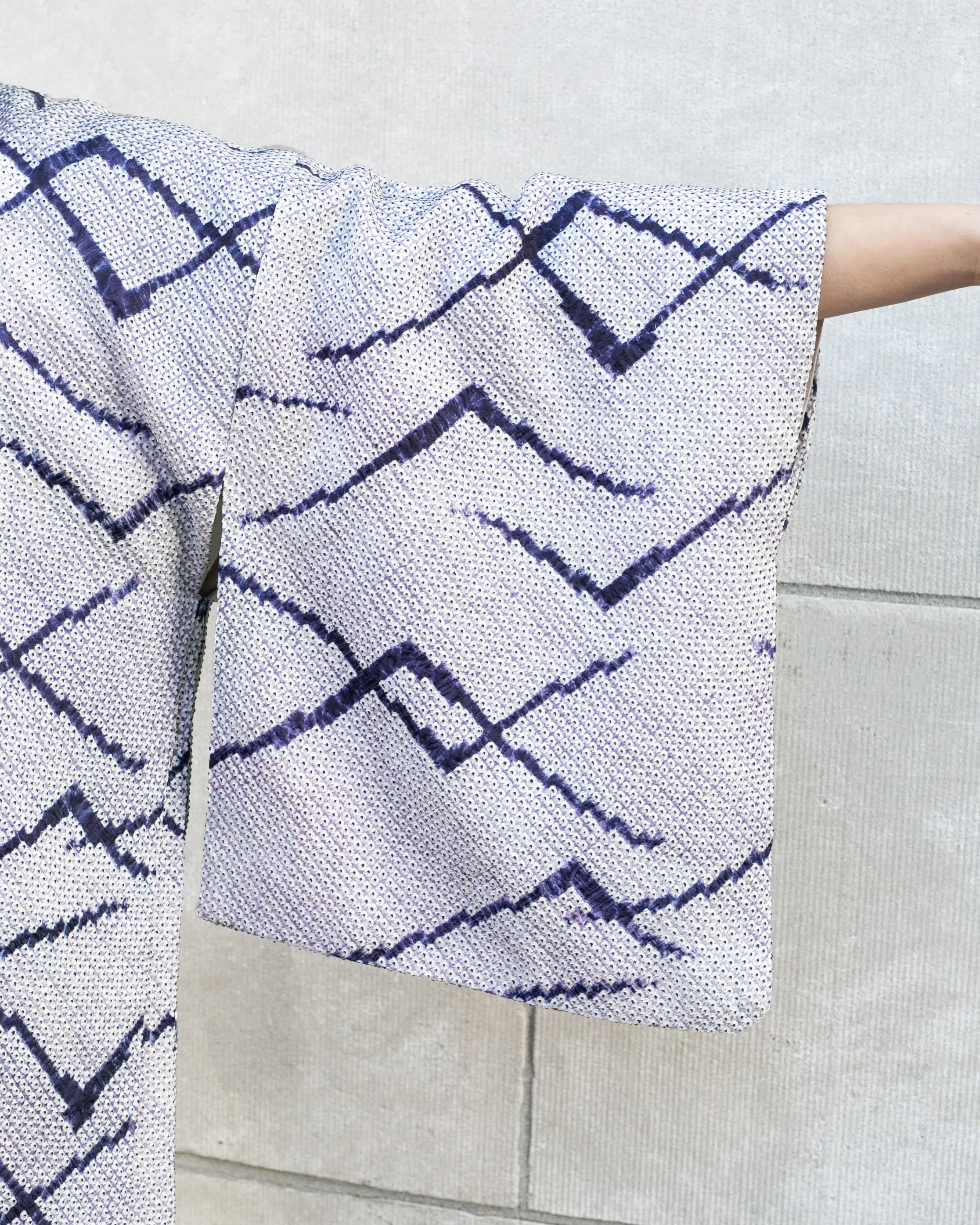 Vintage Haori Jacket, Full Shibori, White with Navy Blue Criss Cross Pattern and Light Purple