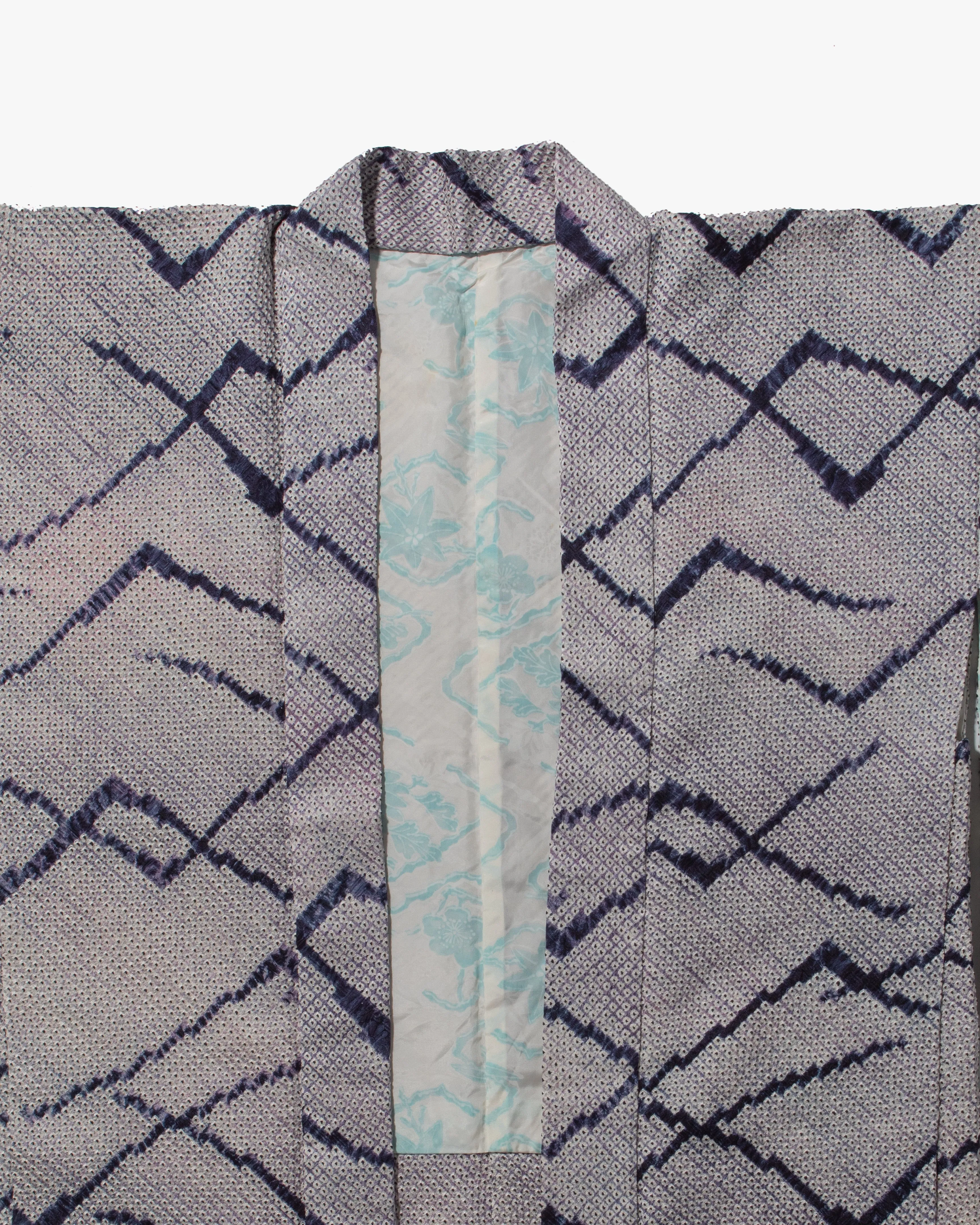 Vintage Haori Jacket, Full Shibori, White with Navy Blue Criss Cross Pattern and Light Purple