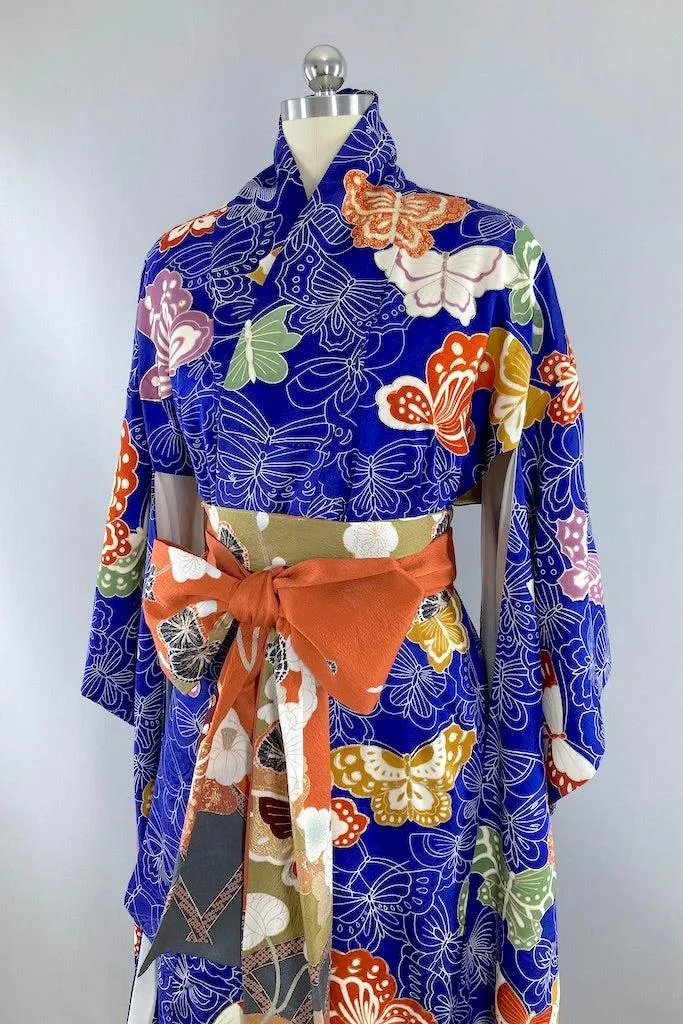 Vintage Royal Blue Butterflies Silk Kimono