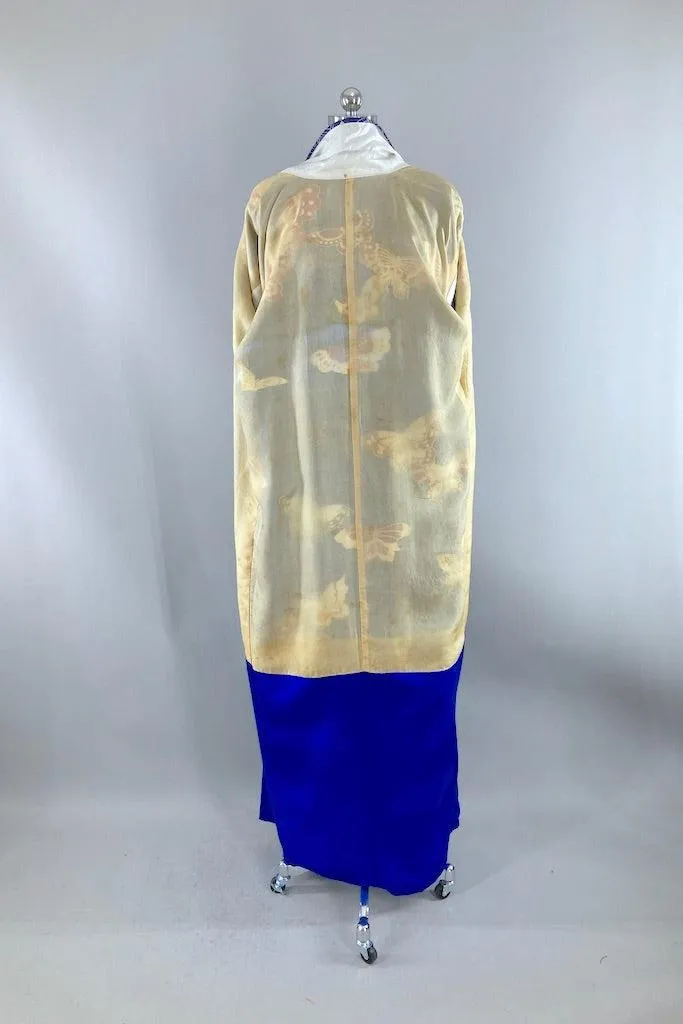 Vintage Royal Blue Butterflies Silk Kimono