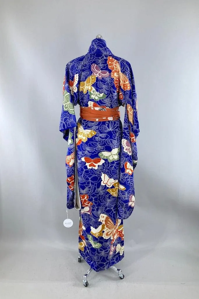 Vintage Royal Blue Butterflies Silk Kimono