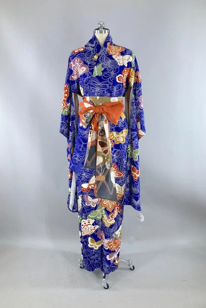 Vintage Royal Blue Butterflies Silk Kimono