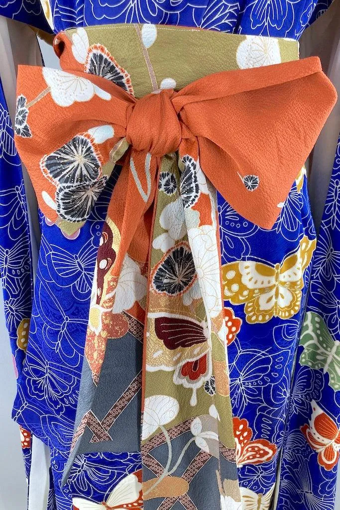 Vintage Royal Blue Butterflies Silk Kimono