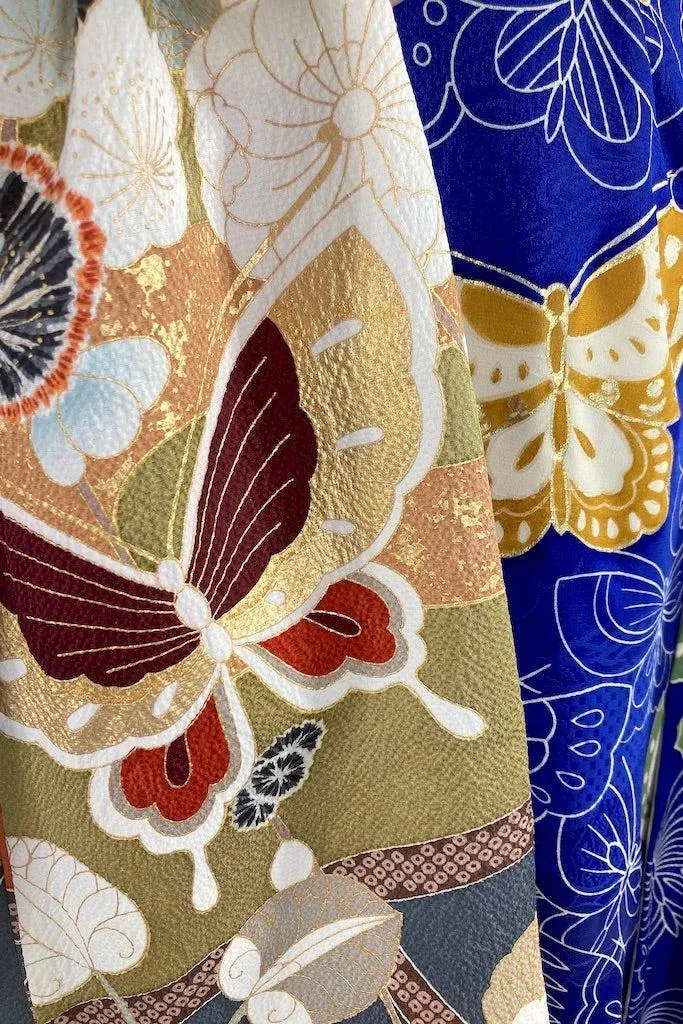 Vintage Royal Blue Butterflies Silk Kimono