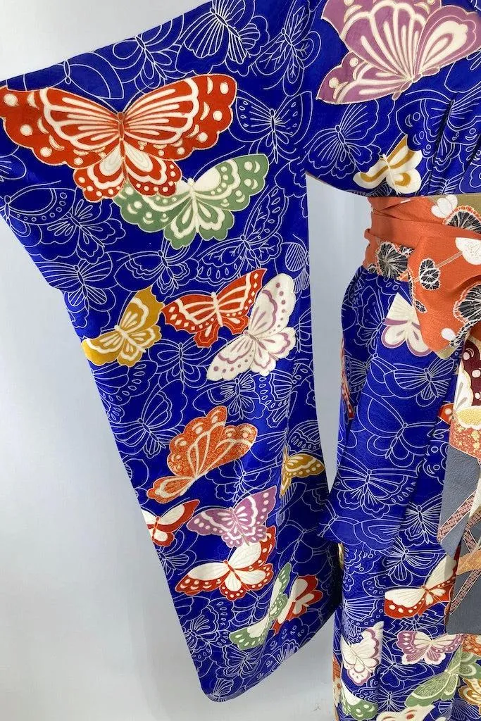 Vintage Royal Blue Butterflies Silk Kimono