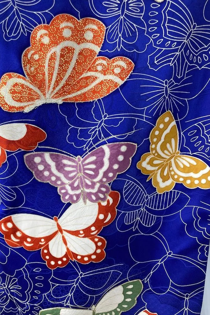 Vintage Royal Blue Butterflies Silk Kimono