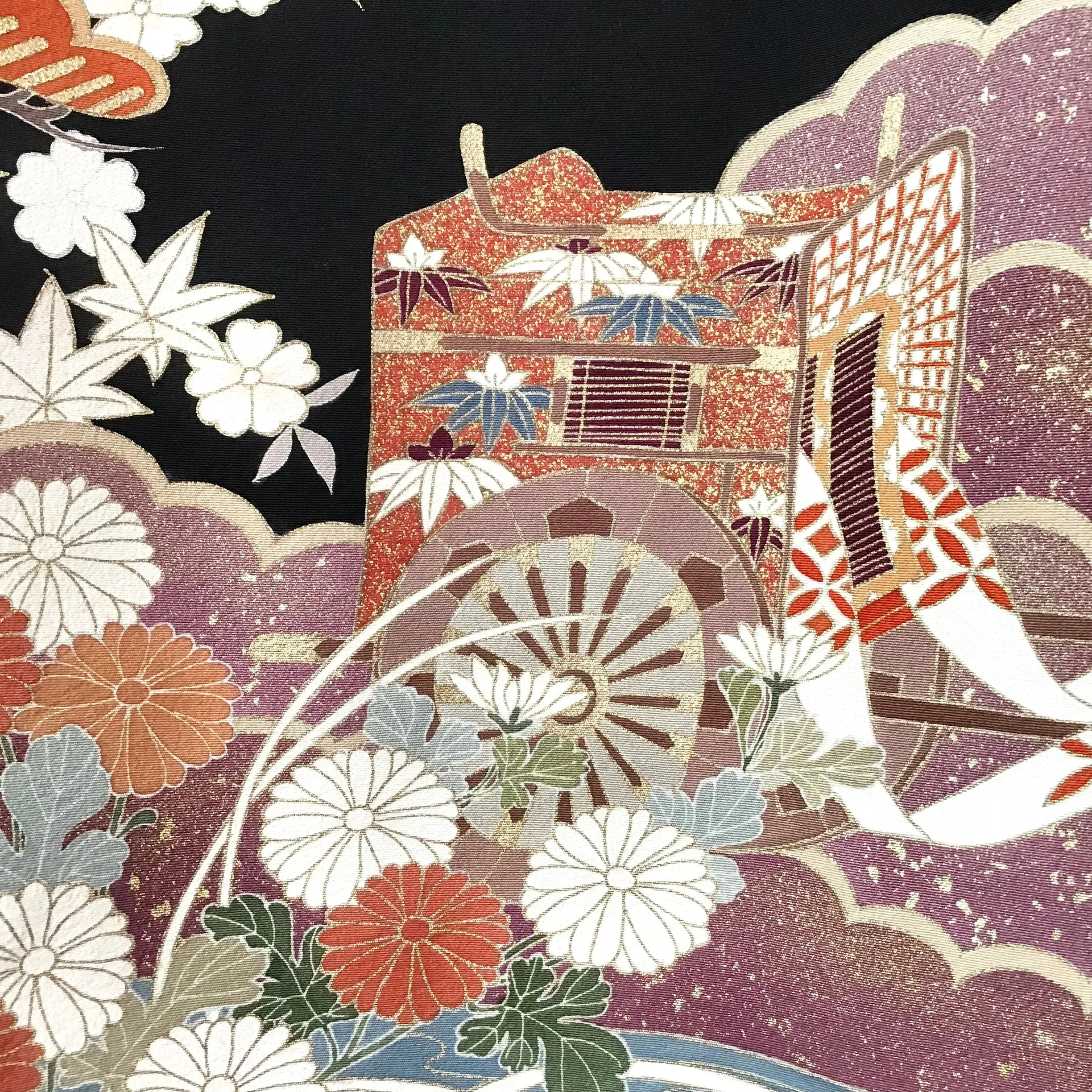 Vintage Tomesode Kimono ’Black With Landscape Scenes’