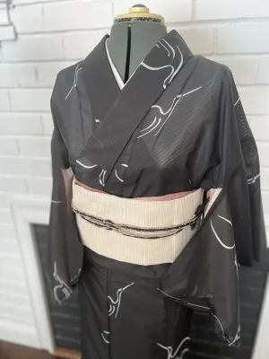 WASHABLE KIMONO, Crane, Black, Size: M / Japanese Traditional Women's Summer Kimono