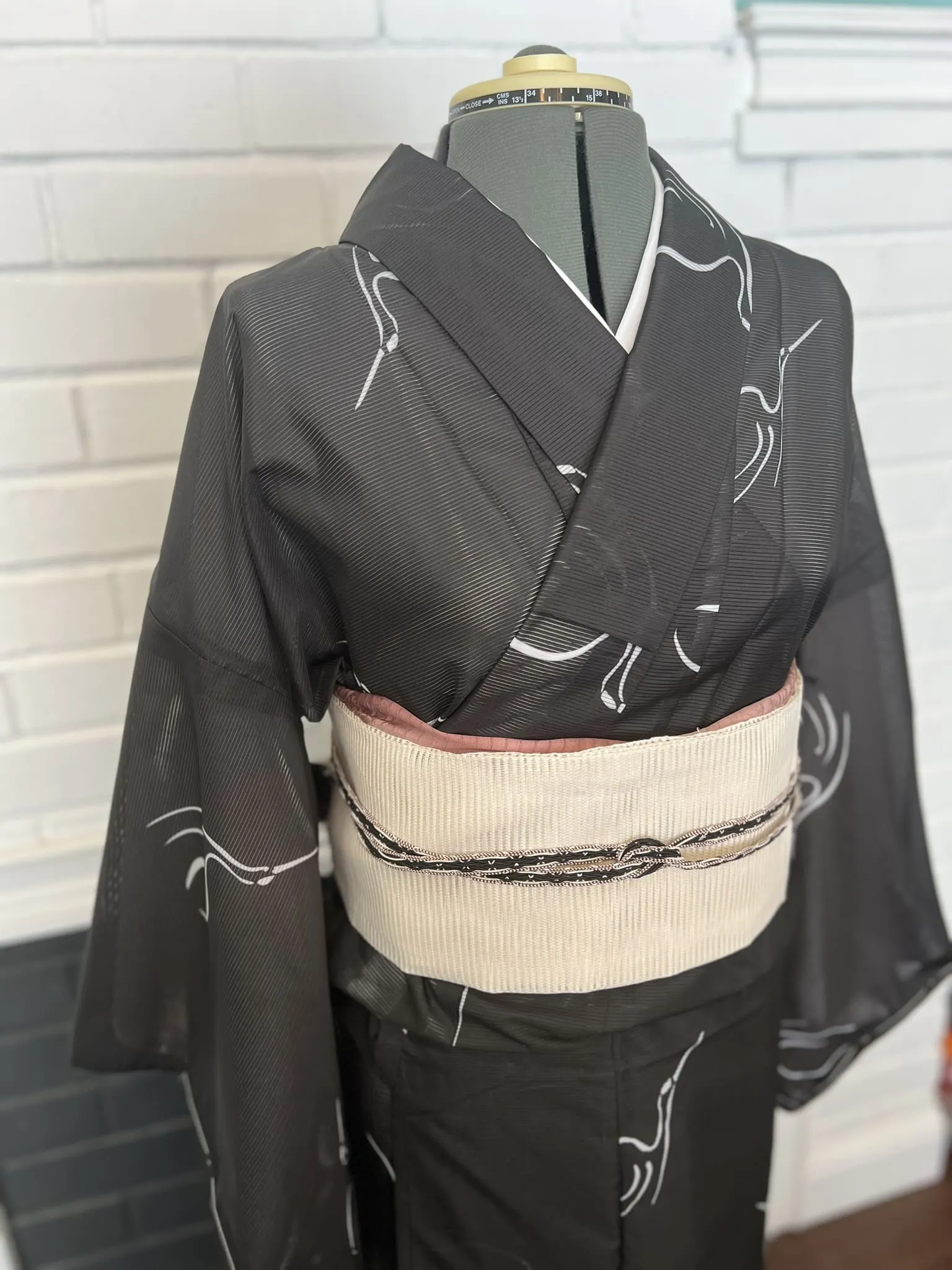 WASHABLE KIMONO, Crane, Black, Size: M / Japanese Traditional Women's Summer Kimono