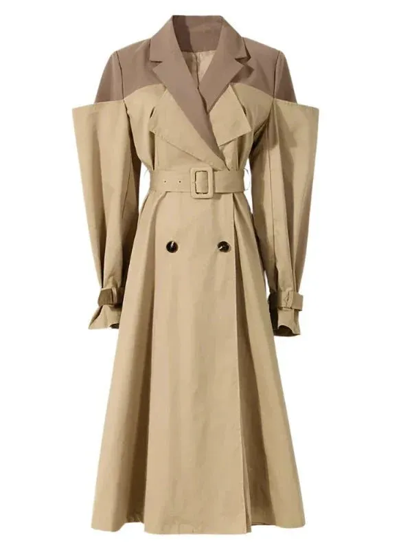Wenkouban-Winter outfits Christmas Patchwork Shoulder Double Breasted Mid-Calf Trench Coat