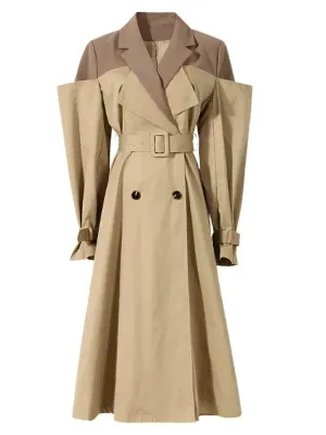 Wenkouban-Winter outfits Christmas Patchwork Shoulder Double Breasted Mid-Calf Trench Coat