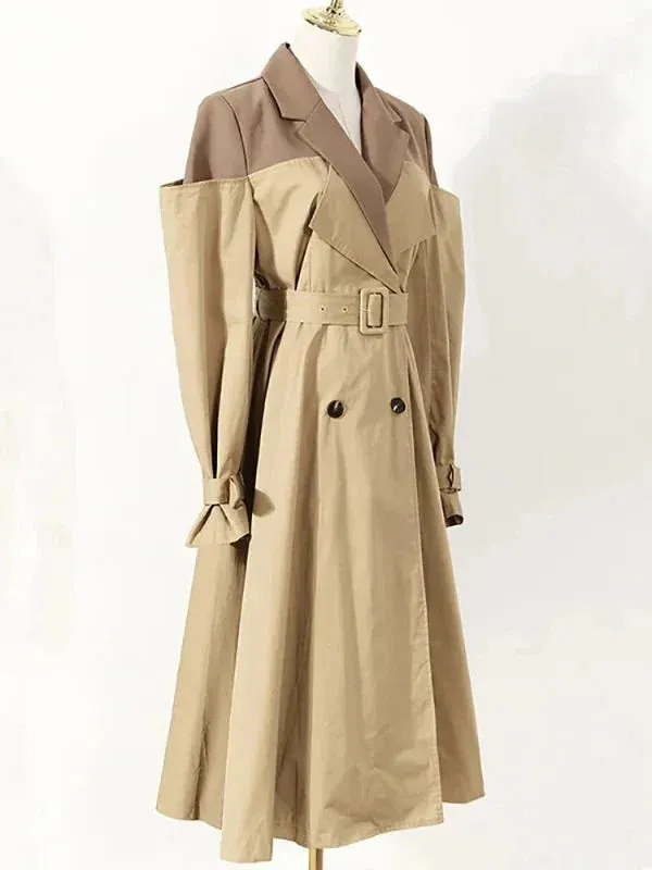Wenkouban-Winter outfits Christmas Patchwork Shoulder Double Breasted Mid-Calf Trench Coat