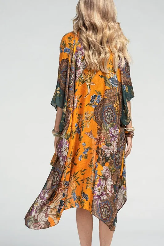 Windsor Dobby Jacquard Italian Print Floral Damask Motif Kimono Open Wrap Top