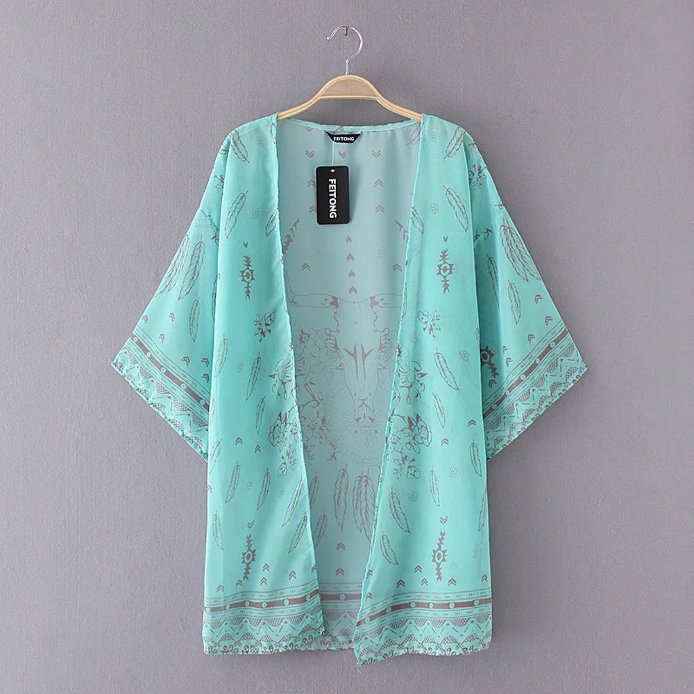 Women Boho Kimono cardigan Long Sleeve casual wear&Beach wear
