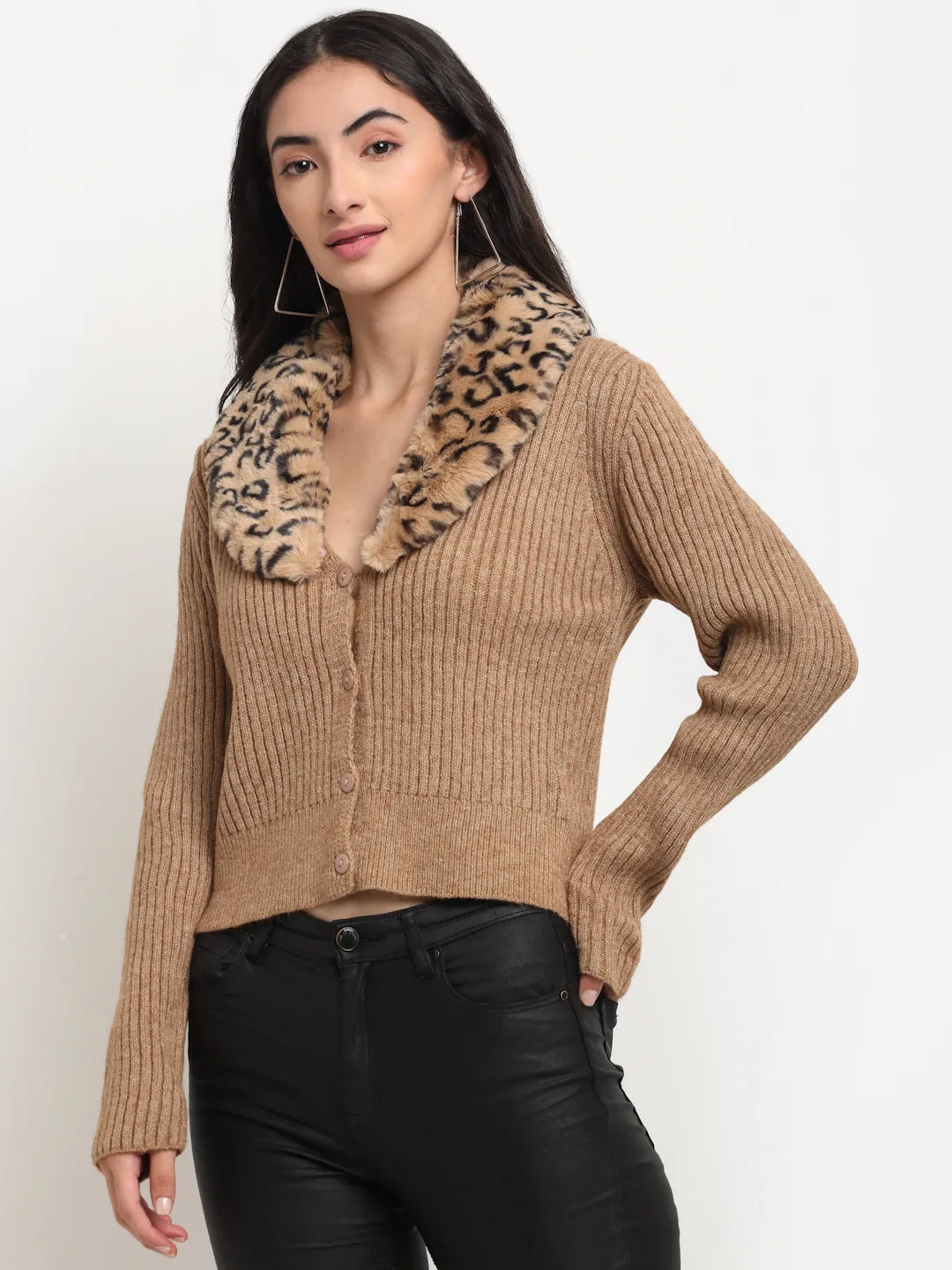 Women Brown Fur-Collar Knitted Regular Fit Cardigan
