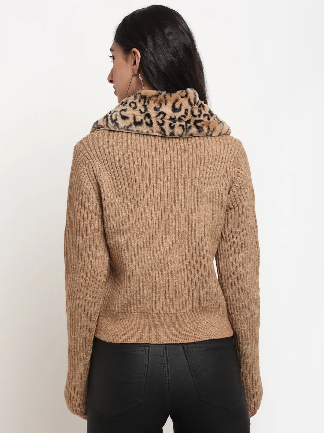 Women Brown Fur-Collar Knitted Regular Fit Cardigan