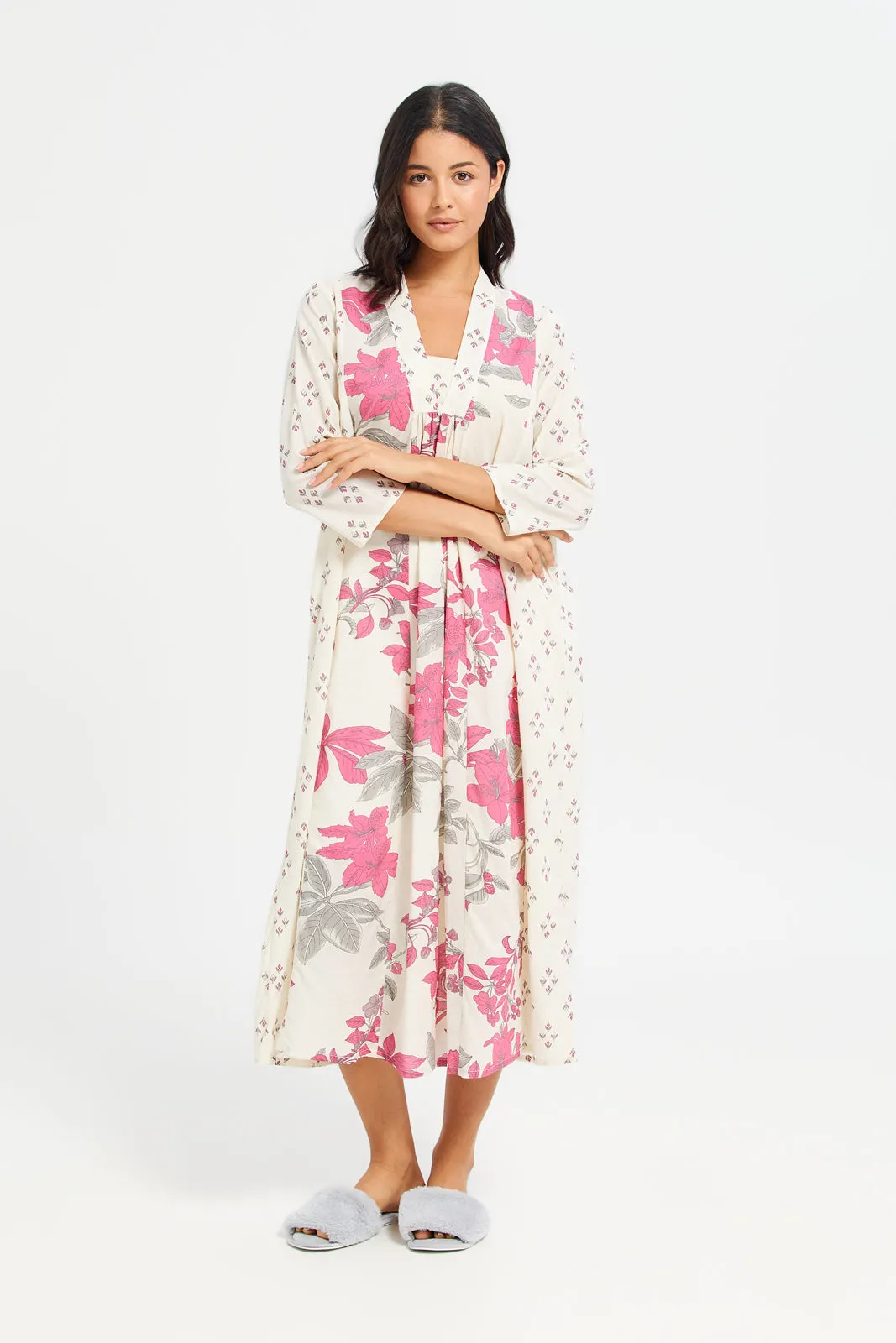 Women Cream Printed Kimono Nightgown