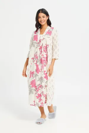 Women Cream Printed Kimono Nightgown