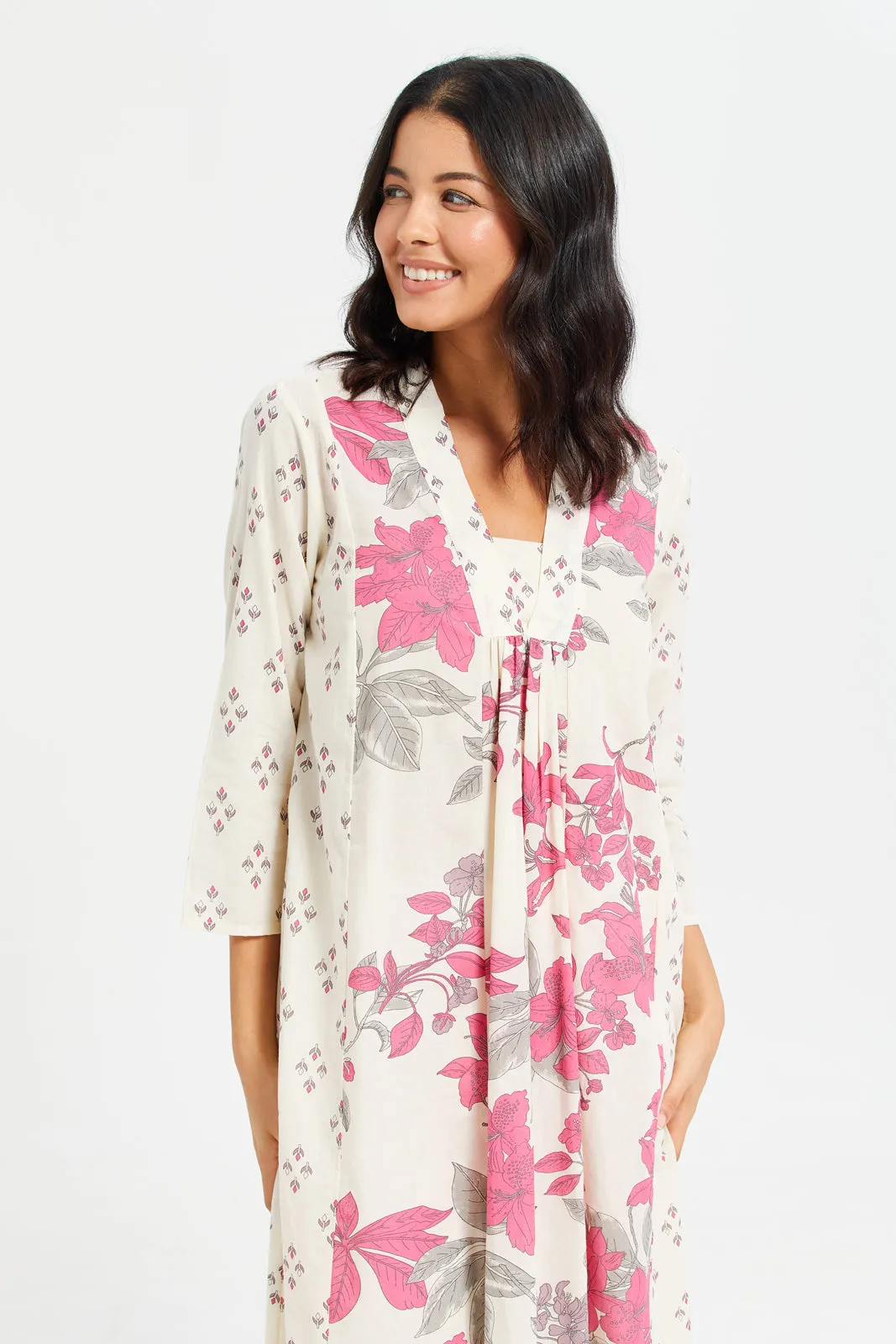 Women Cream Printed Kimono Nightgown