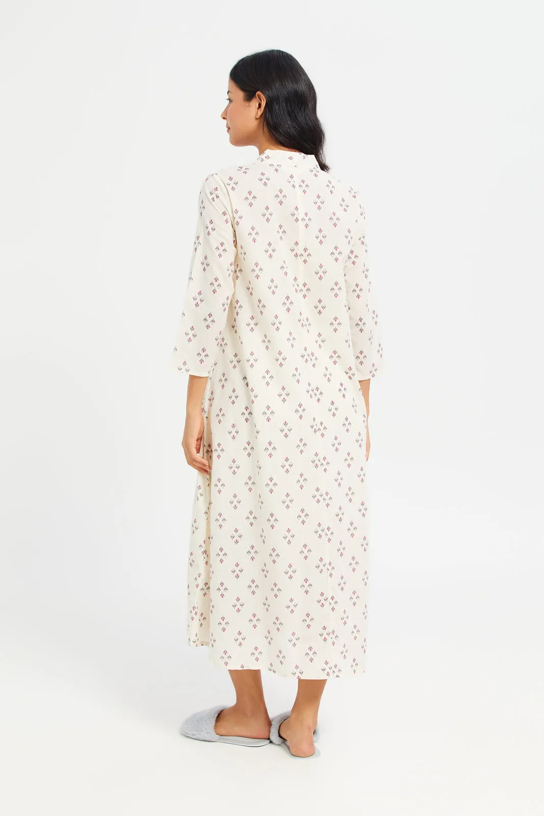 Women Cream Printed Kimono Nightgown