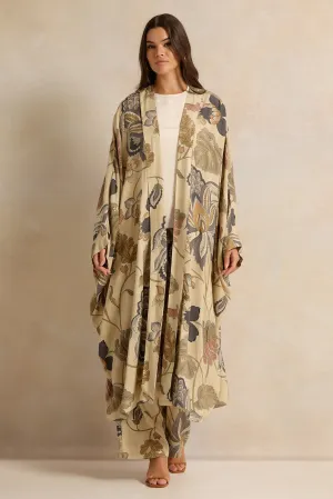 Women Green Allover Print Front Open Long Kimono