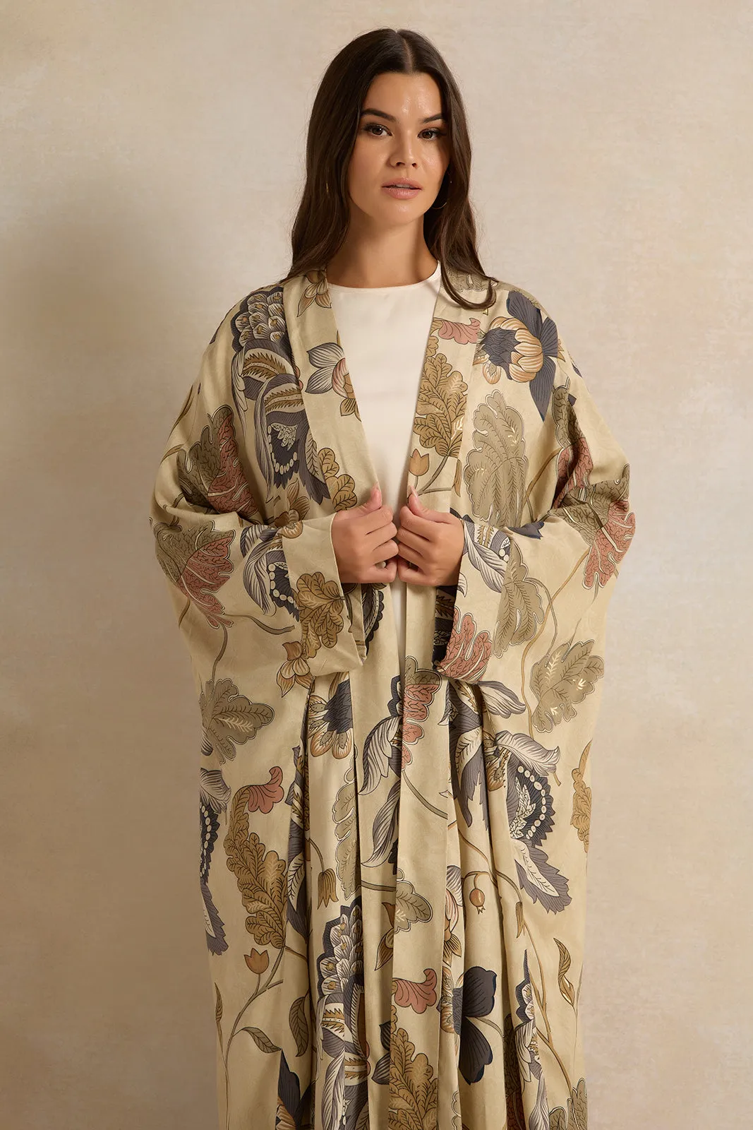 Women Green Allover Print Front Open Long Kimono