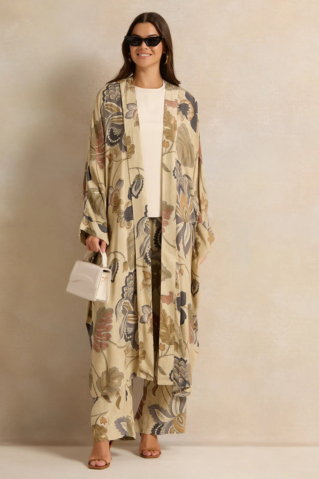 Women Green Allover Print Front Open Long Kimono