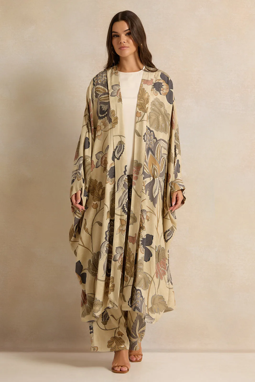 Women Green Allover Print Front Open Long Kimono