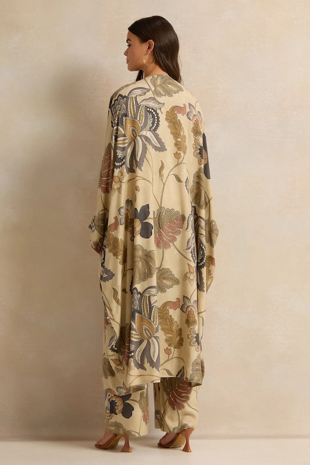 Women Green Allover Print Front Open Long Kimono