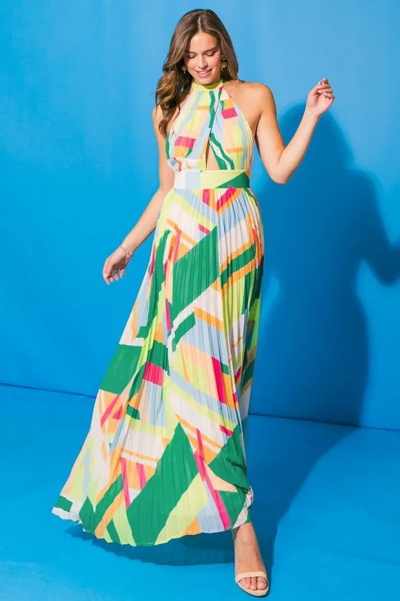 Women's Flying Tomato Abstract Multi-Colored Pleated Maxi Dress