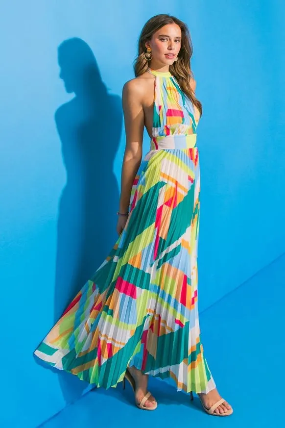 Women's Flying Tomato Abstract Multi-Colored Pleated Maxi Dress