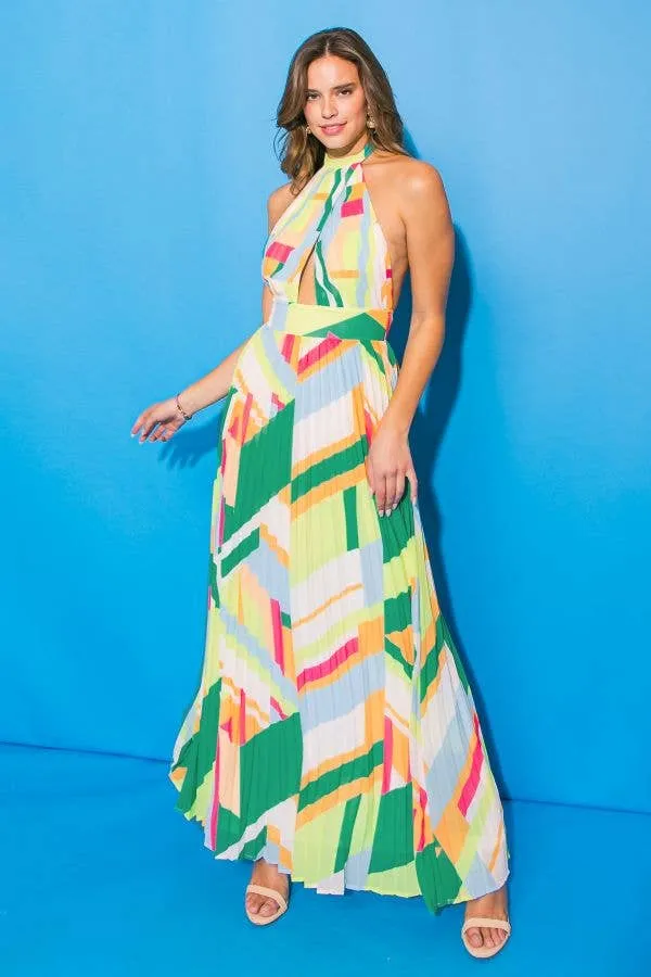 Women's Flying Tomato Abstract Multi-Colored Pleated Maxi Dress
