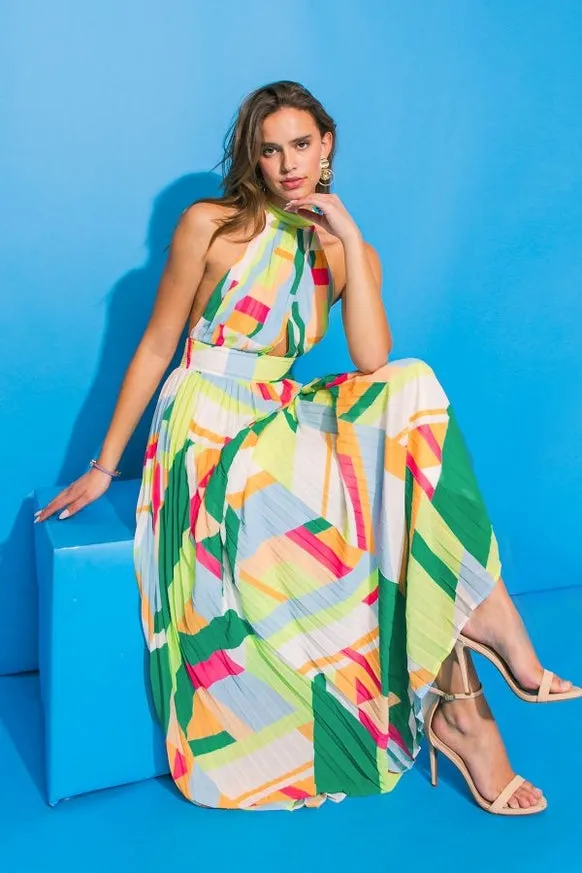 Women's Flying Tomato Abstract Multi-Colored Pleated Maxi Dress