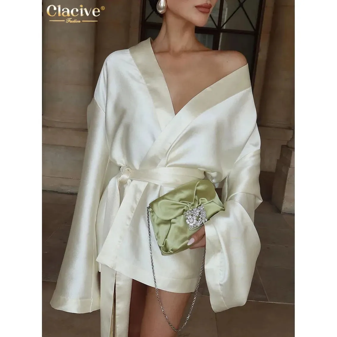 Women's Loose Beige Satin V-Neck Long Sleeve Kimono Jacket/Mini Dress